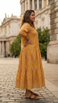 Plus Size Mustard Checks Printed Cotton Tiered Midi Dress for Women – Trending Casual Wear